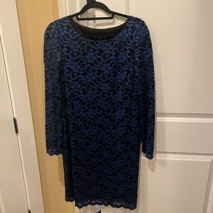 Gorgeous, deep sapphire/black printed long sleeved dress size 14